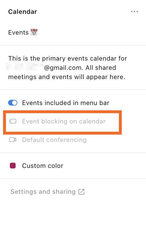 Notion Calendar settings with "Event blocking on calendar" highlighted