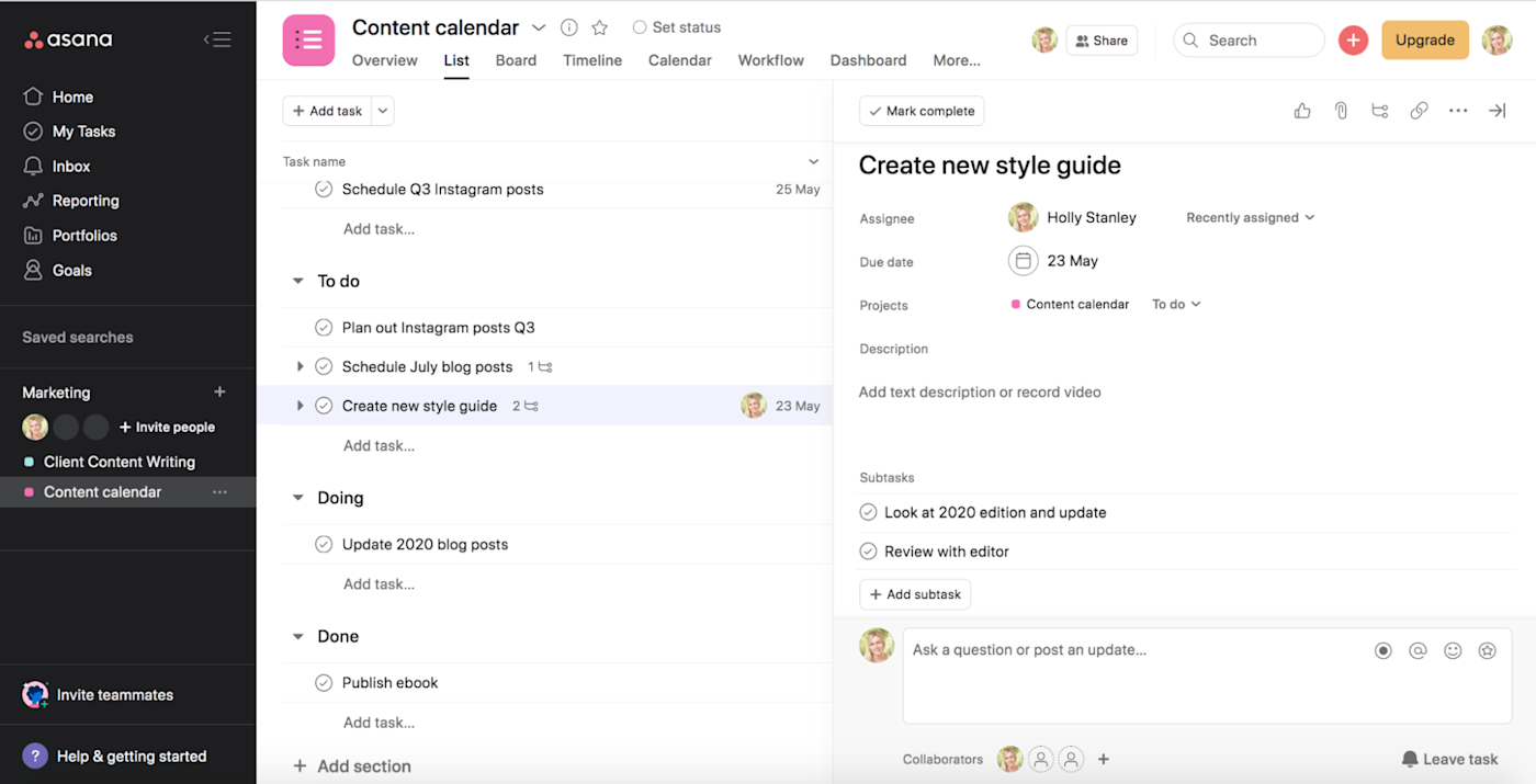 Asana vs. ClickUp: Viewing and assigning subtasks in Asana