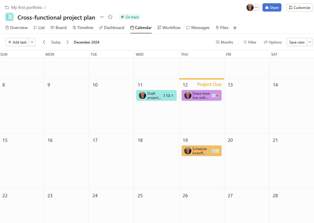 Asana vs. ClickUp: A calendar view in Asana