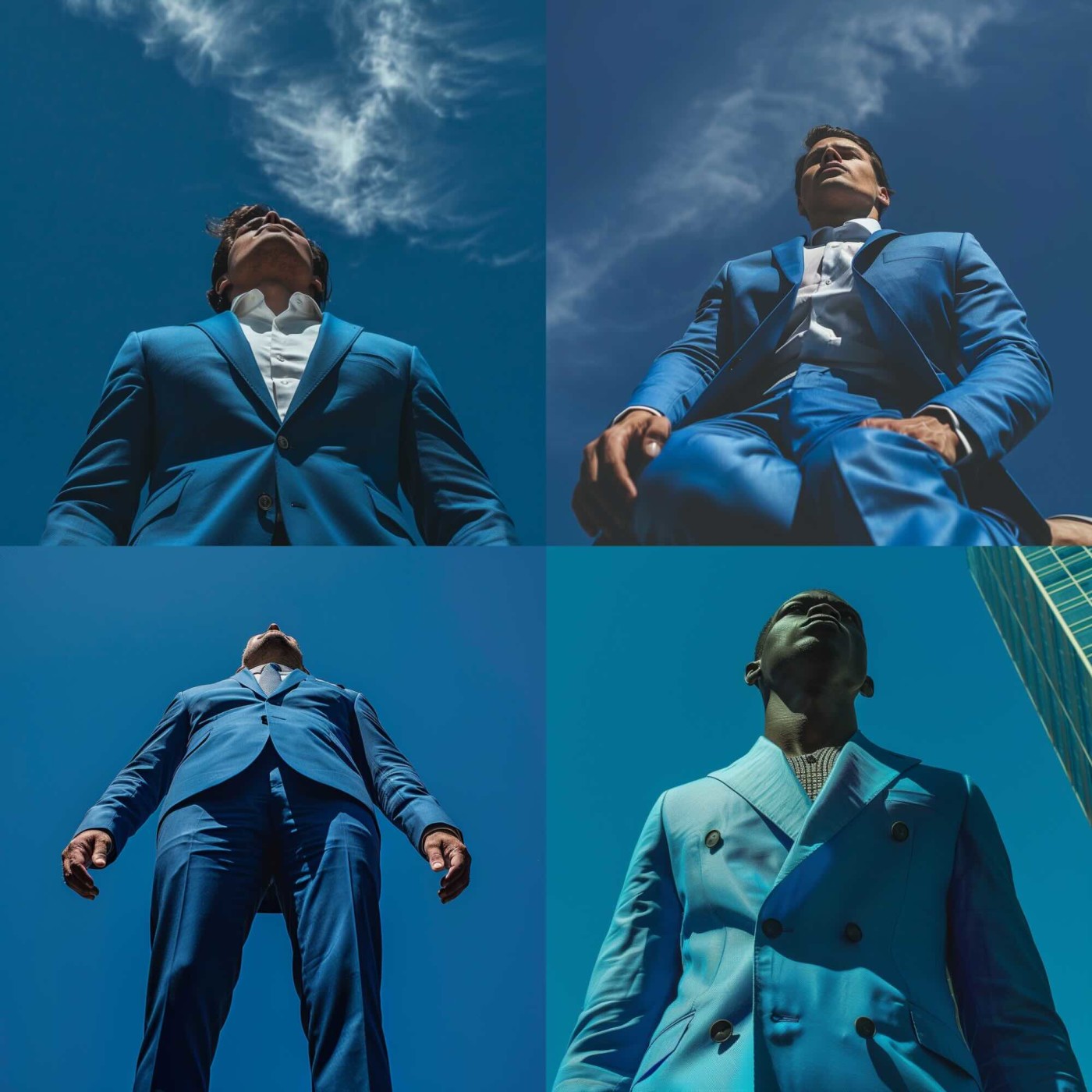A man wearing a blue suit, low angle photograph