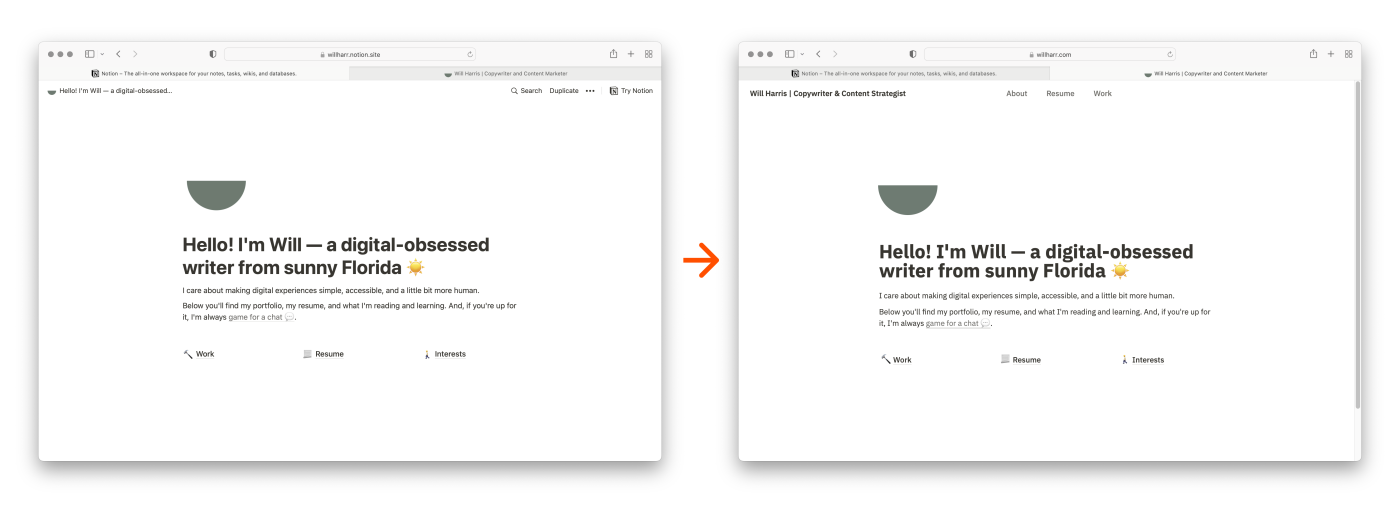 A look at a published Notion website before and after using Super.