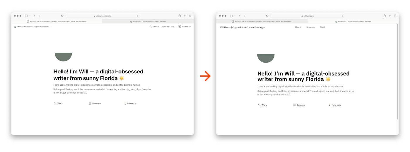 A look at a published Notion website before and after using Super.