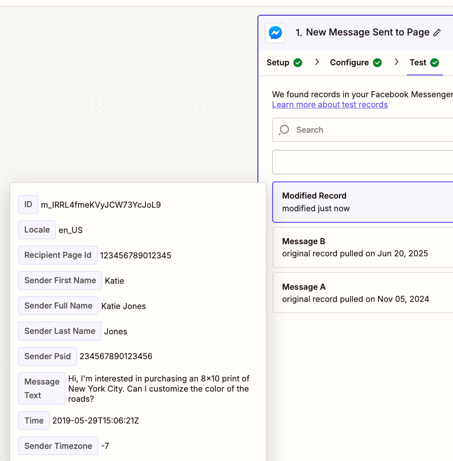 A Facebook Messenger message is shown selected.