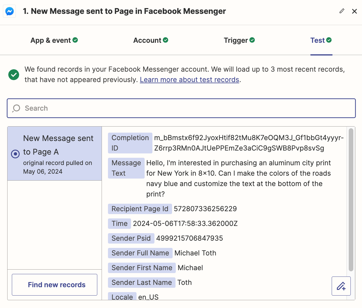 A Facebook Messenger message is shown selected.