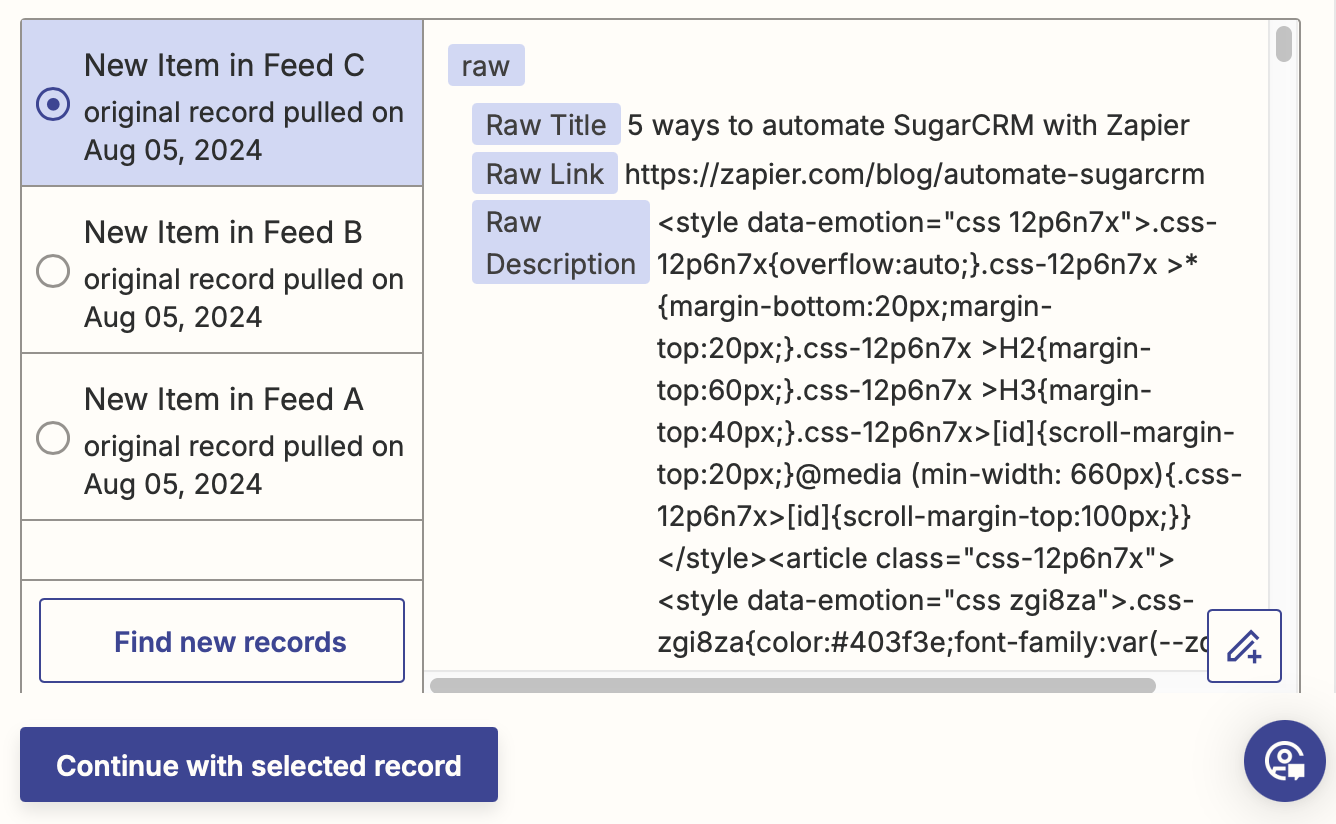 A set of test data in the Zap editor with three new RSS feed items.