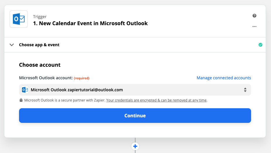 Zap Trigger set up: Choose Microsoft Outlook account