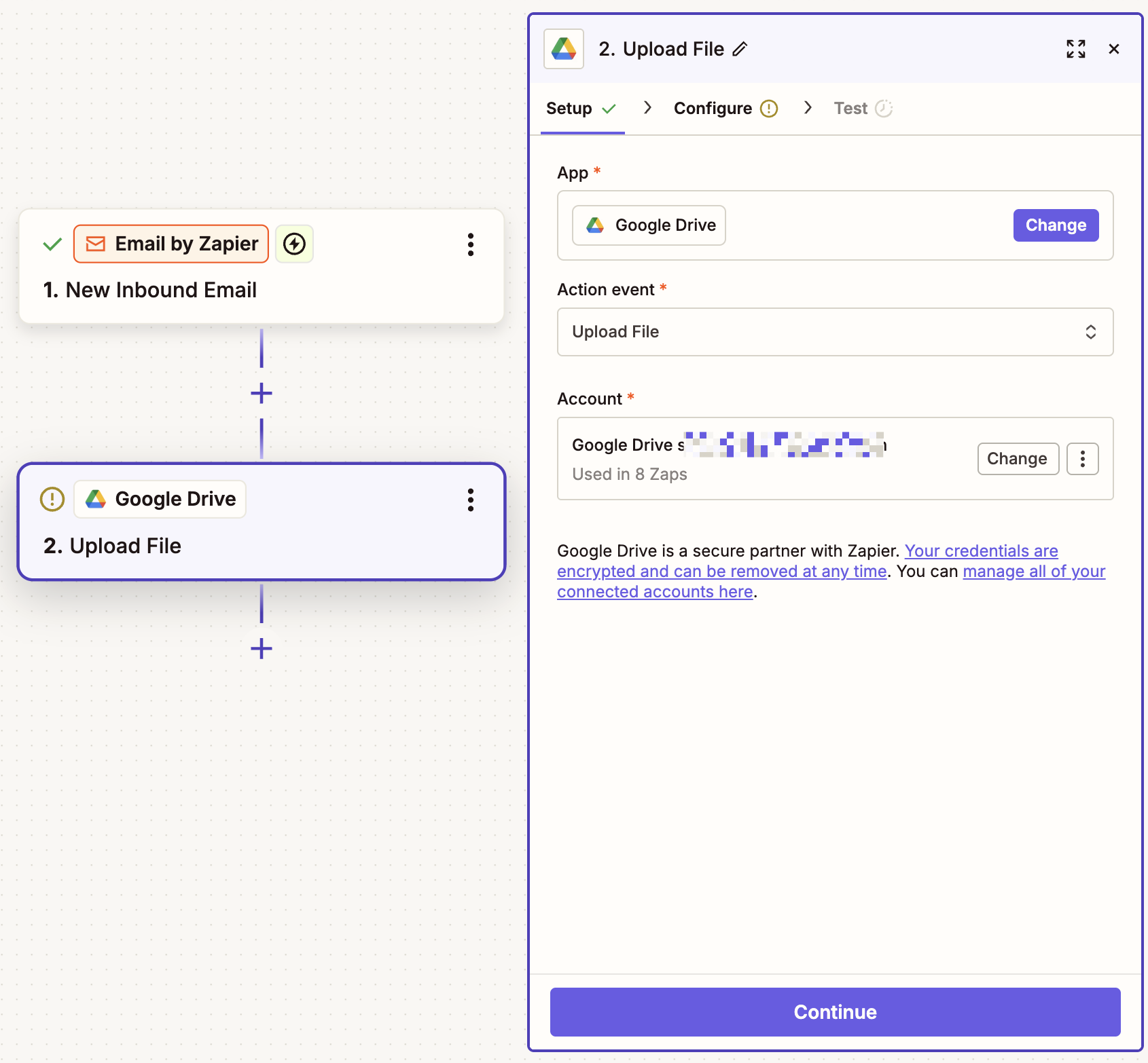 The Zap editor with a Google Drive action step set up