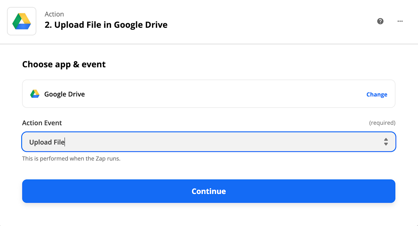 Google Drive selected for the action app and Upload File selected for the action event.