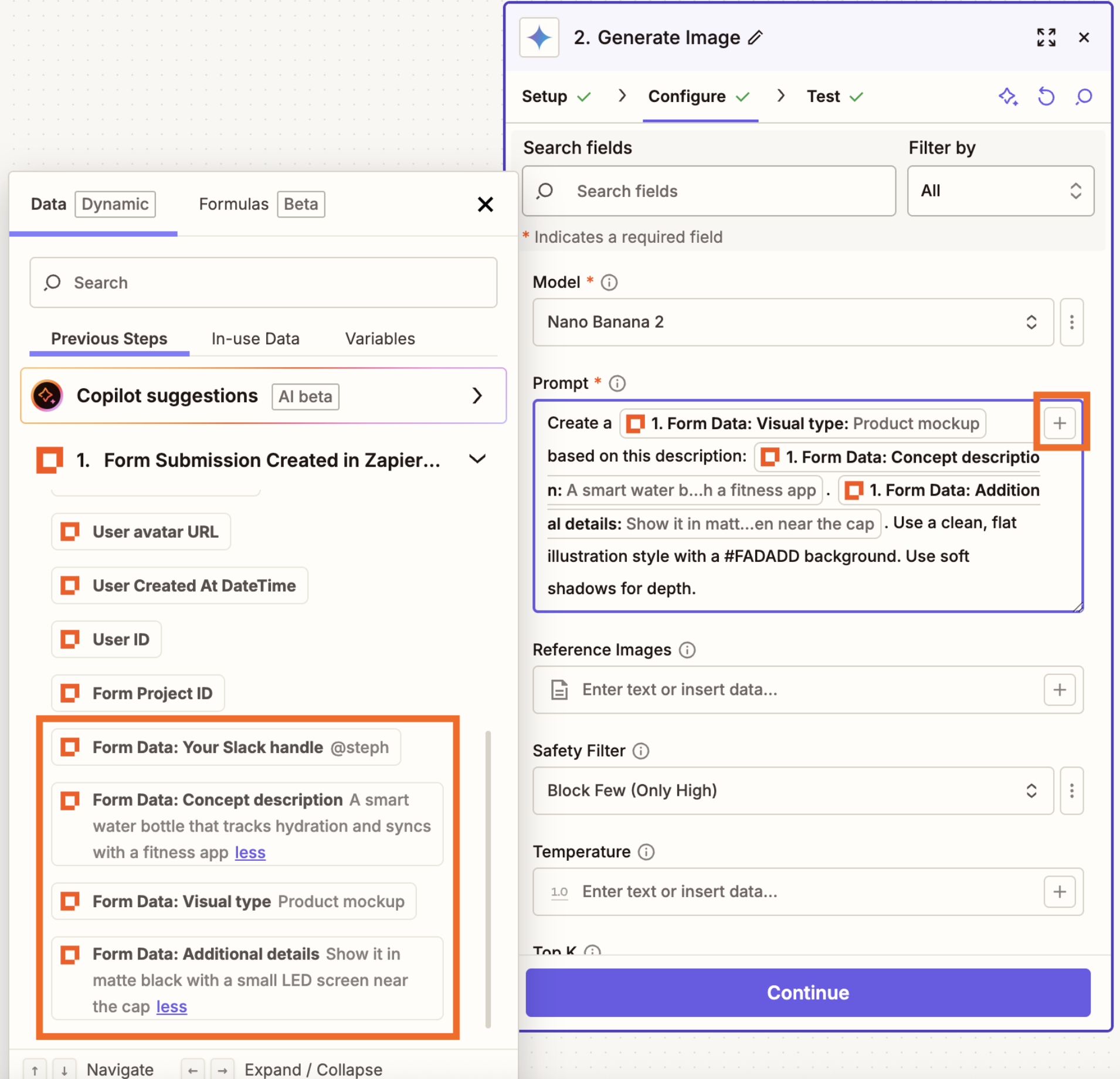 The configuration page for a Gemini action step