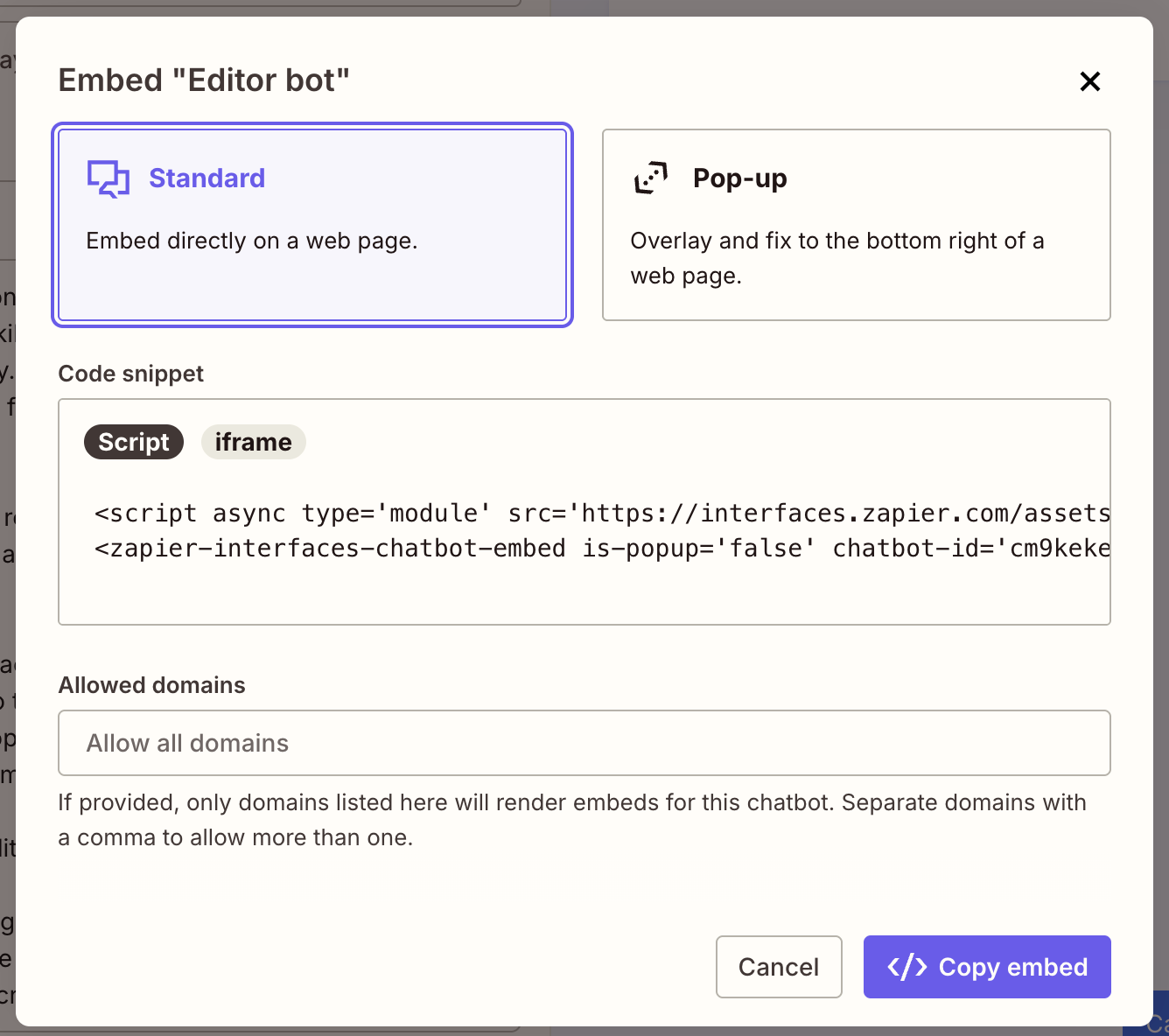 Screenshot of standard bot embed button