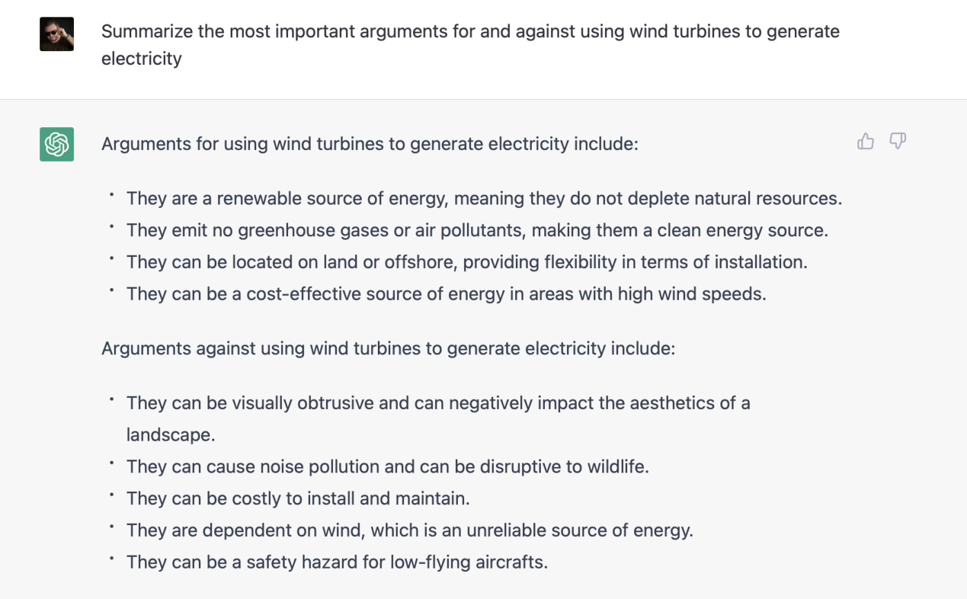 ChatGPT summarizing the most important arguments for and against using wind turbines to generate electricity