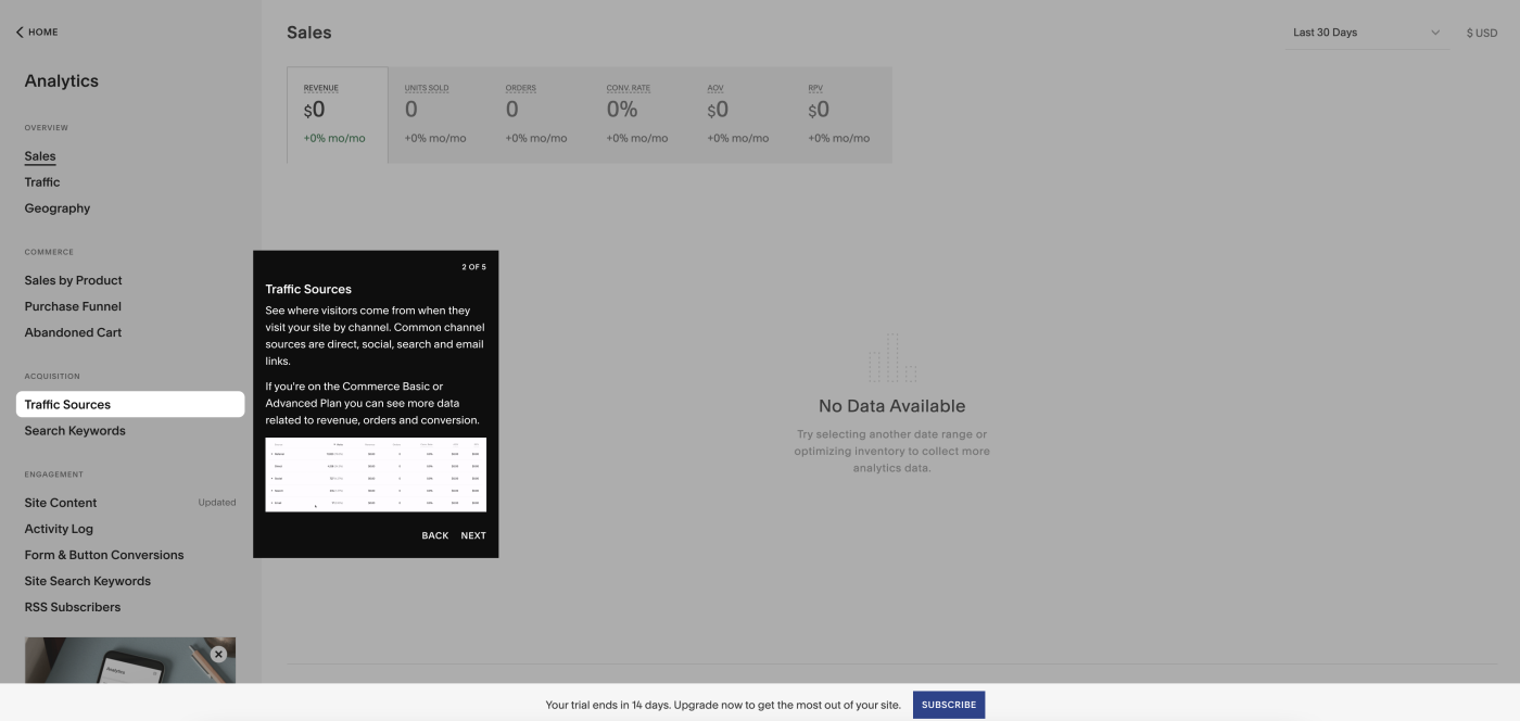 Screenshot of Squarespace's analytics functions