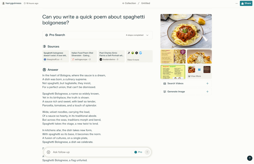 Perplexity AI writing a poem about spaghetti bolognese