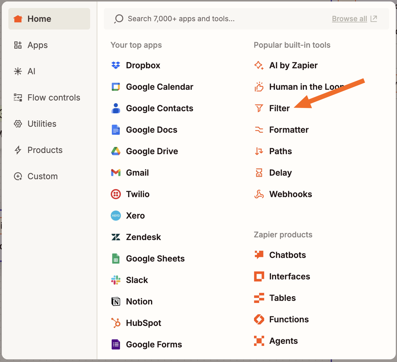 Zapier home dashboard showing popular tools with an arrow pointing to Filter under built-in tools