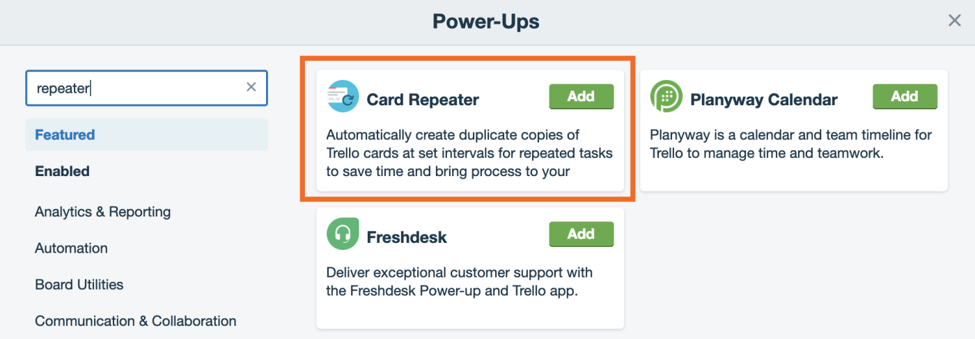Trello Card Repeater, add button