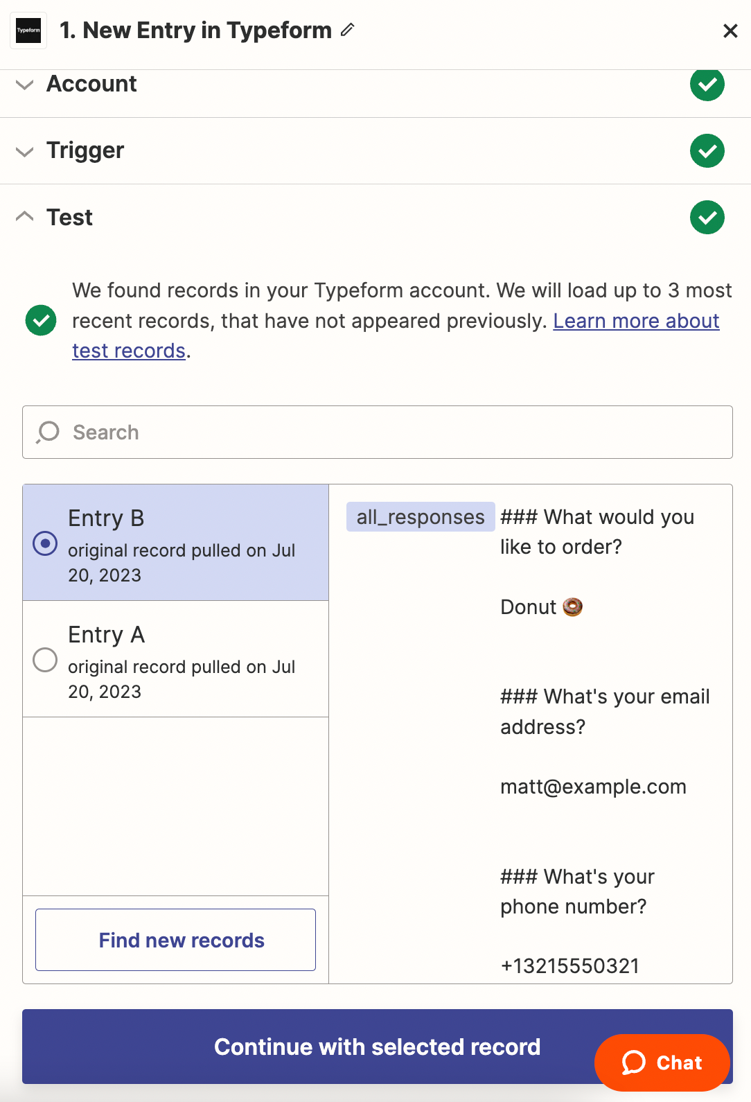 Sample data in a path step in the Zap editor.