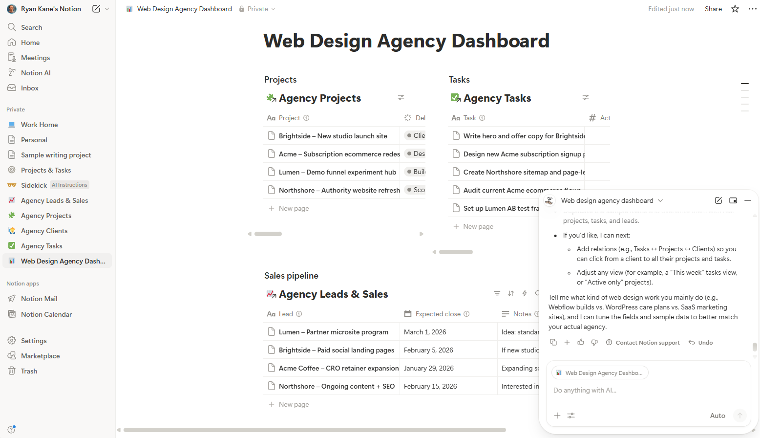 A customized Notion workspace built by AI