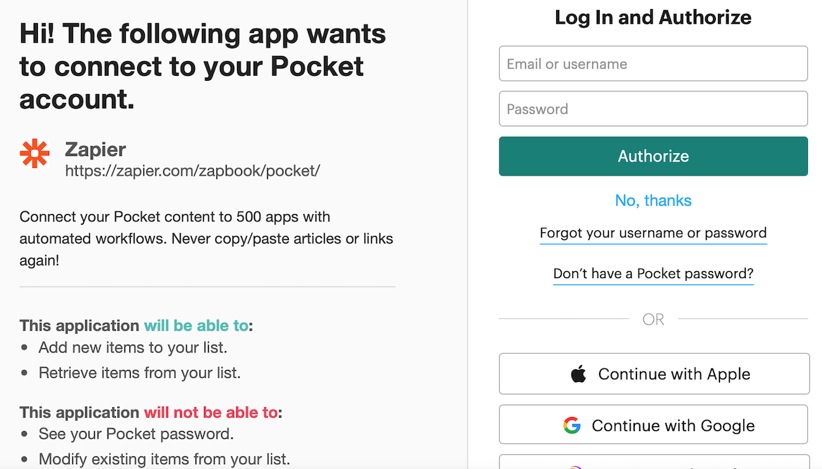 A screenshot of the permissions screen for Pocket with Zapier showing what Zapier will be able to do in your Pocket account (add items and retrieve items) and what it will not do (see passwords or modify existing items).