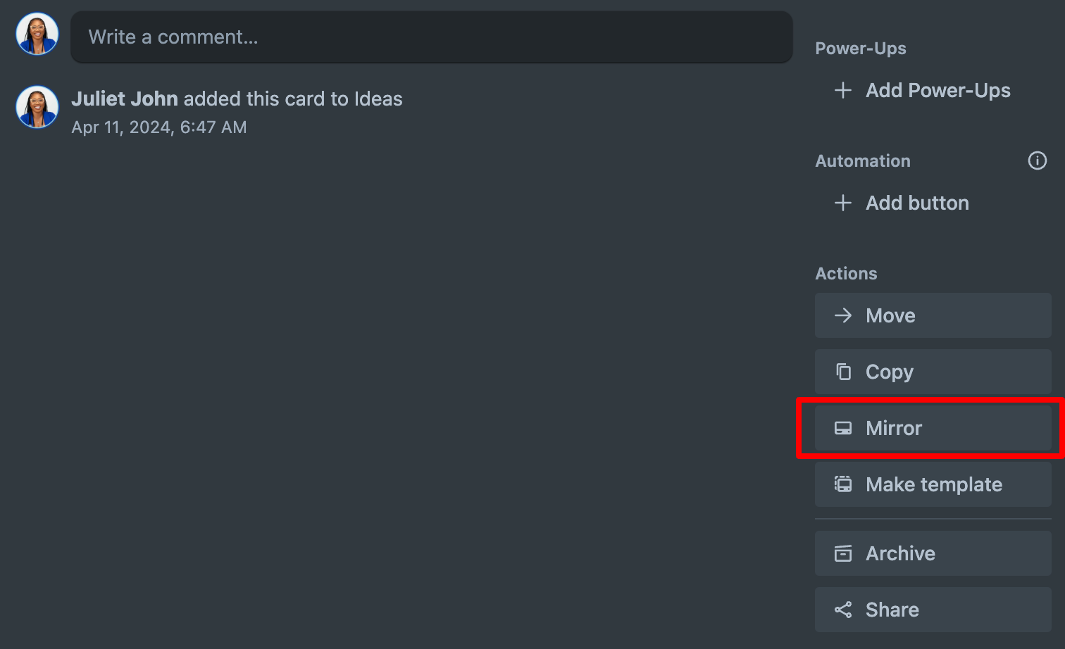 Selecting Mirror from the list of actions in Trello