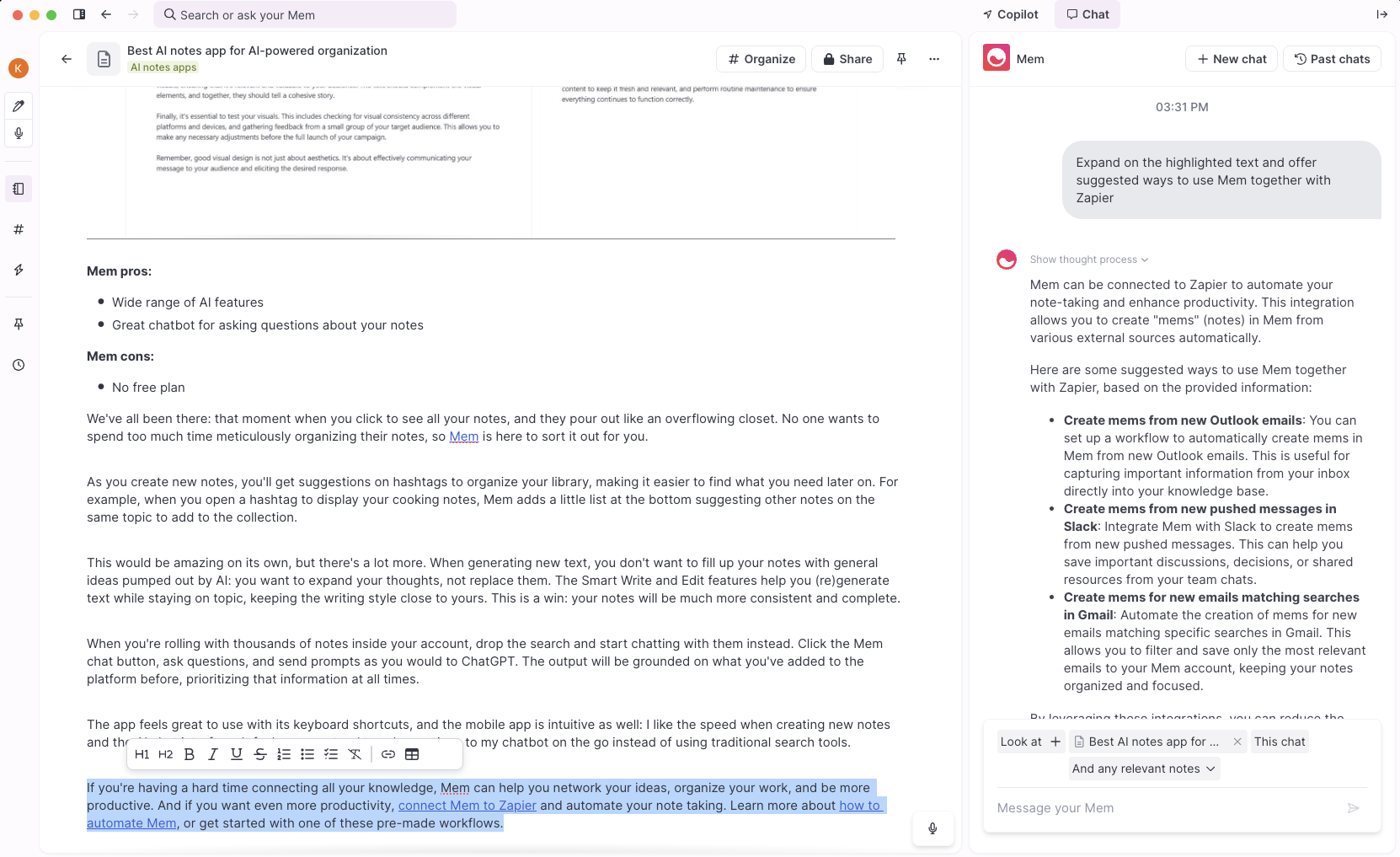 Mem, our pick for the best AI notes app for AI-powered organization