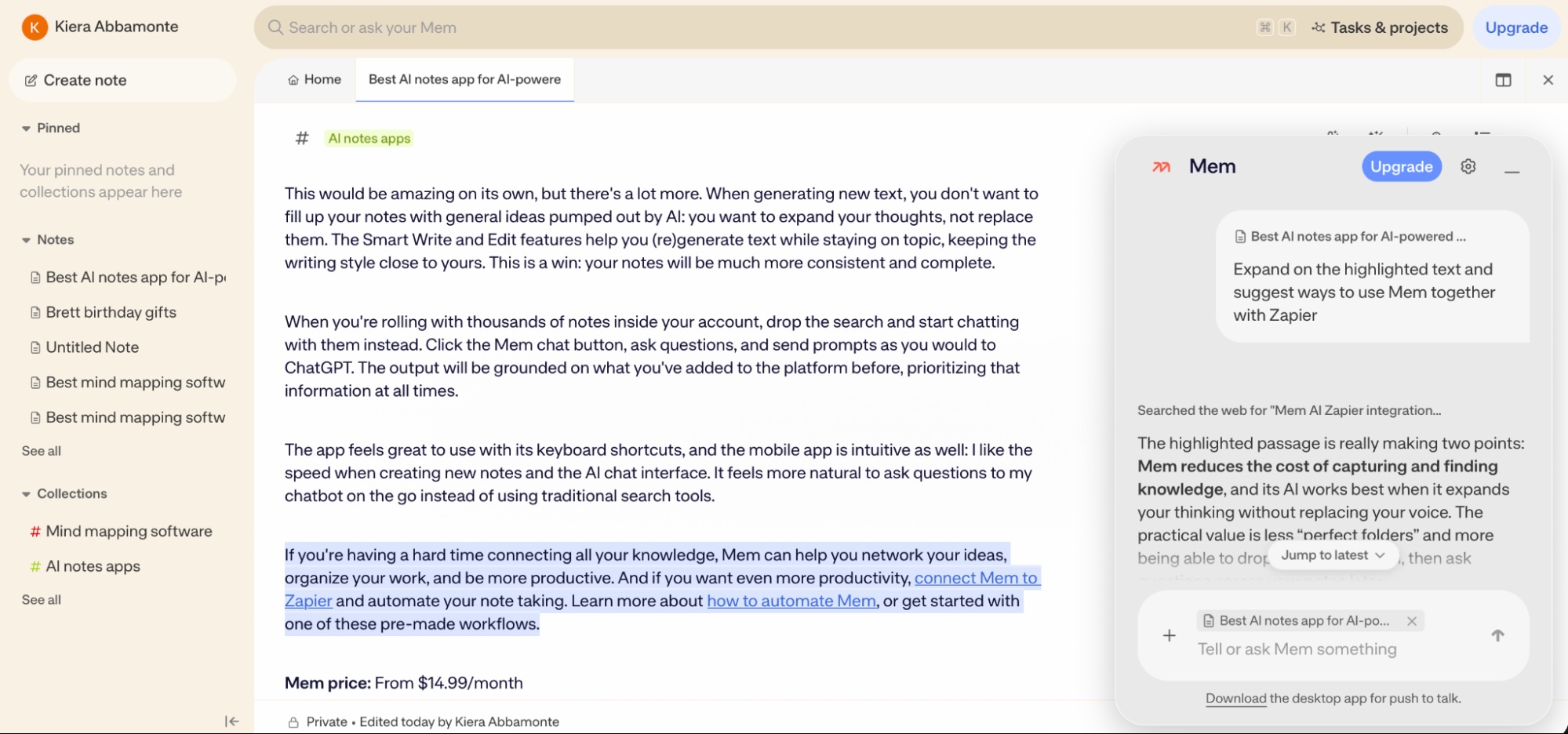 Mem, our pick for the best AI notes app for building a second brain