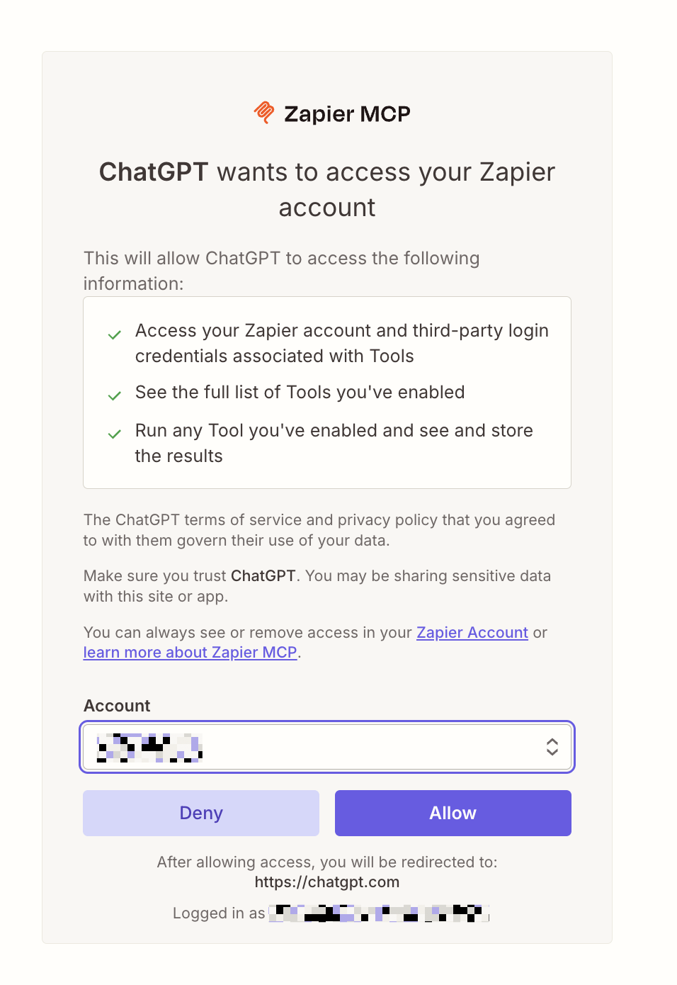 The auth flow to connect an app to ChatGPT