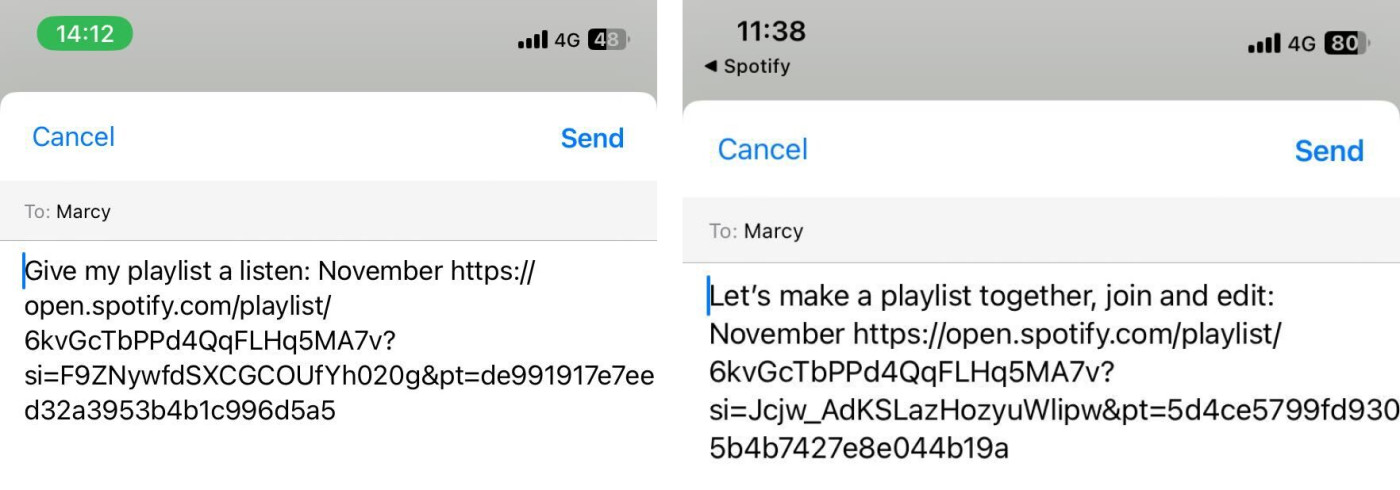 Shared playlist invitation on the left, collaborative playlist invitation on the right.