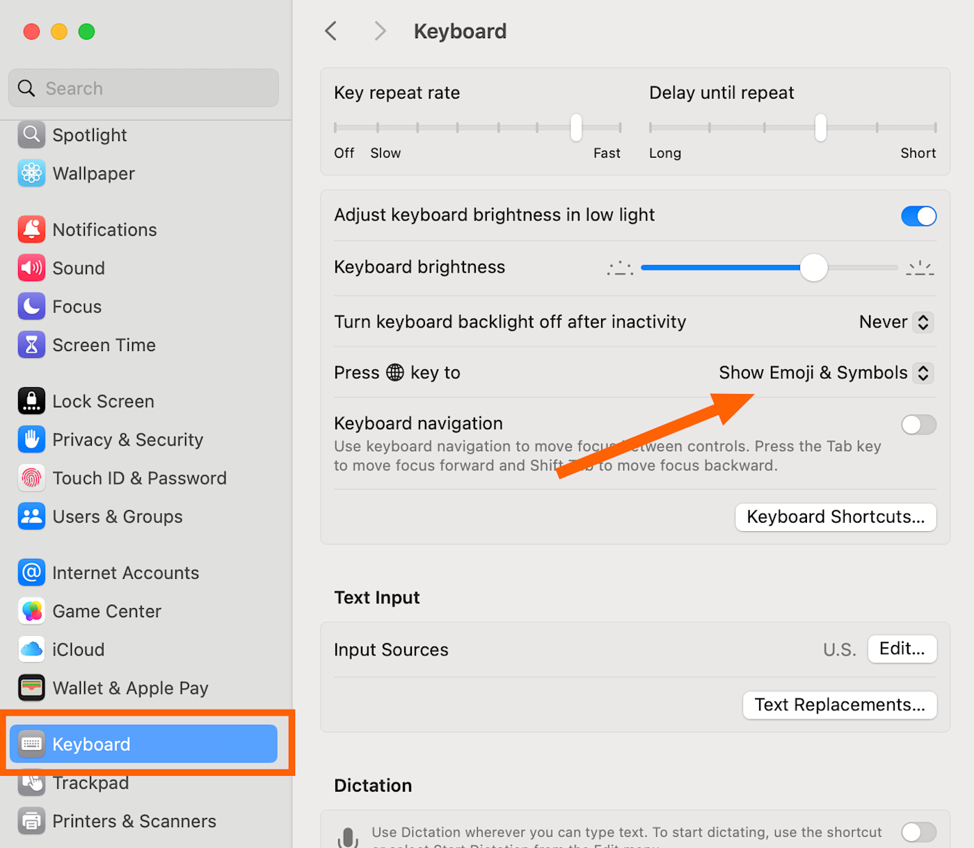 The option to use the globe key to show emoji and symbols on a Mac