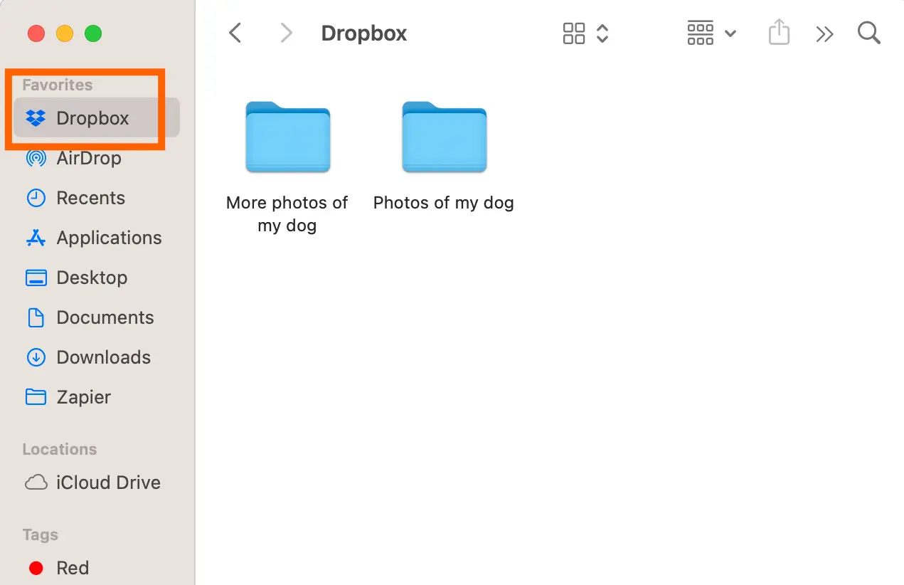 The Dropbox folder in Finder on a Mac desktop