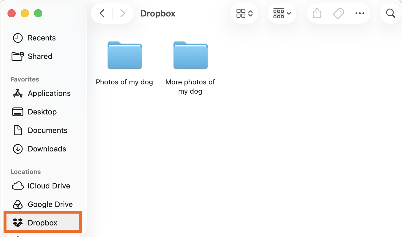 The Dropbox folder in Finder on a Mac desktop