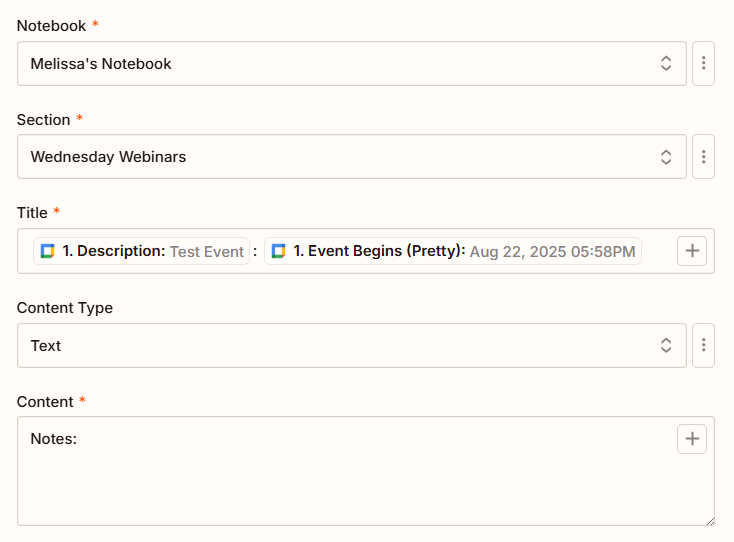 A window showing configuration options for connecting OneNote to Zapier