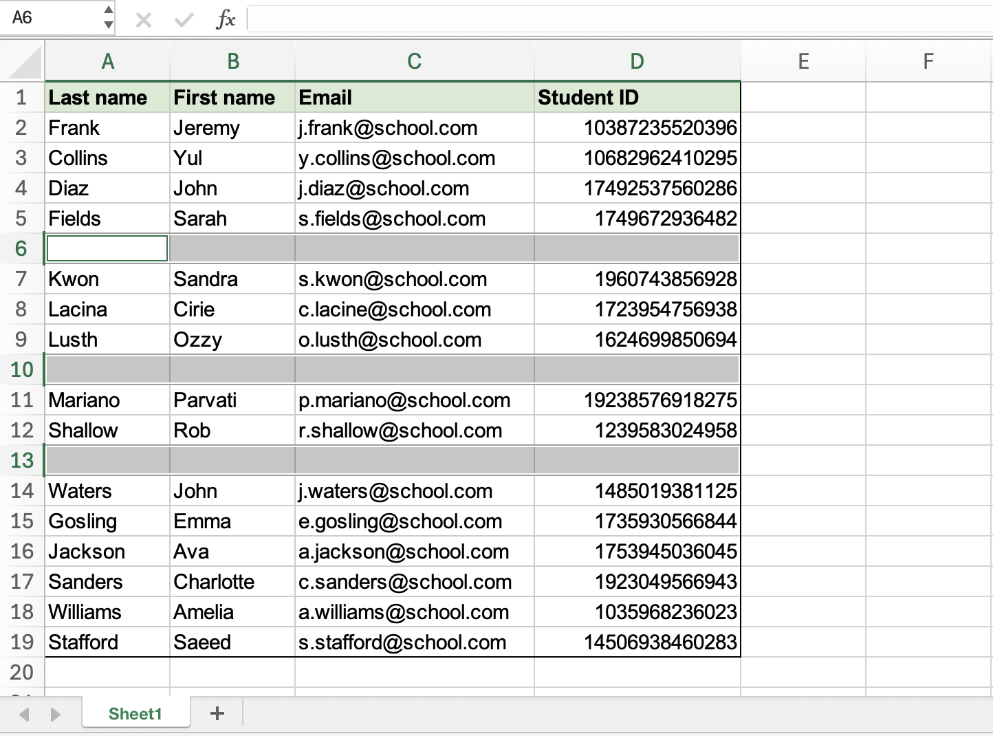 Student roster in Excel with blank rows highlighted.
