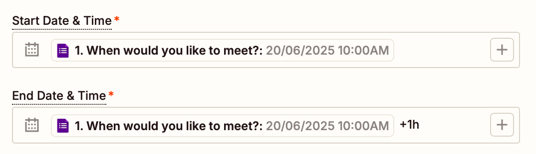 An End Date and Time field in the Zap editor with a Google form response added to the field.