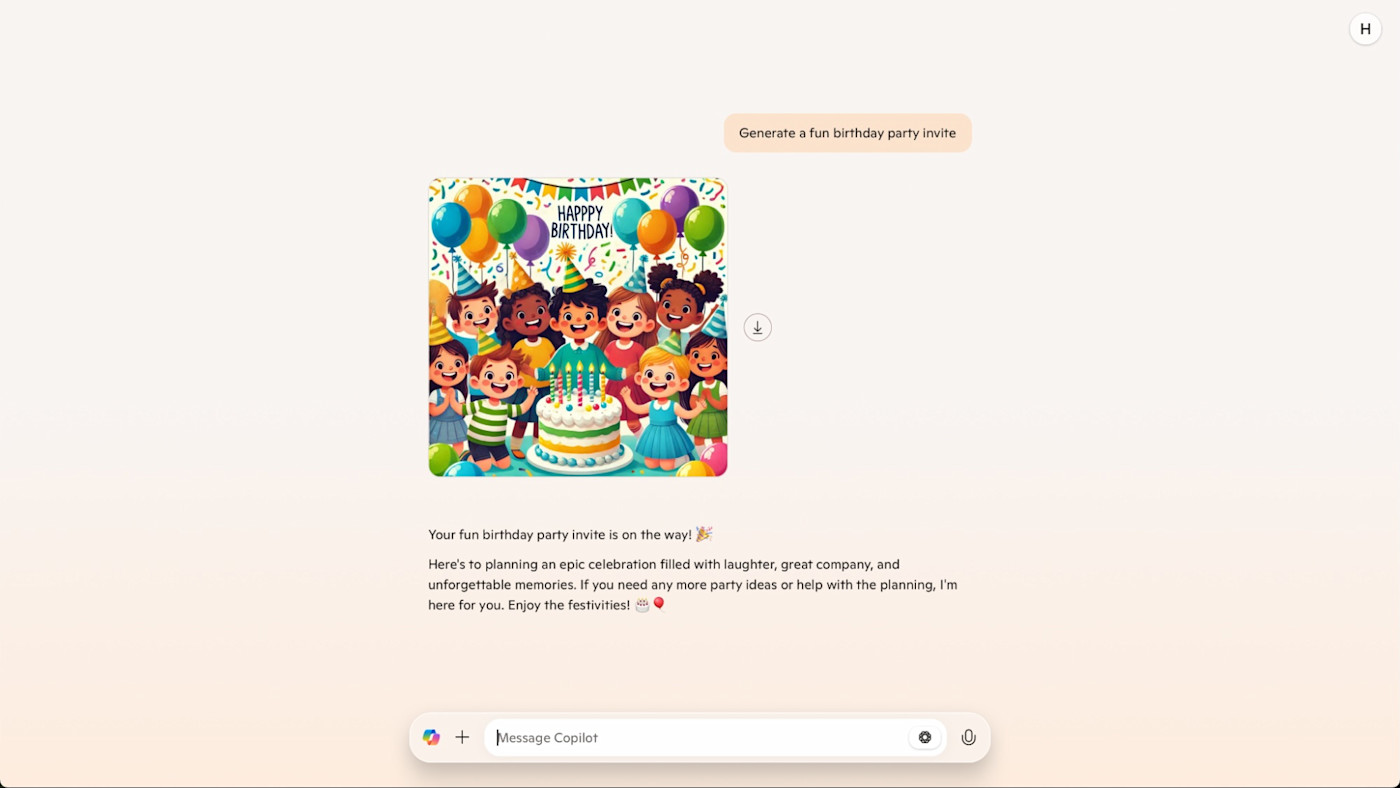 Asking Microsoft Copilot to create a birthday party invitation