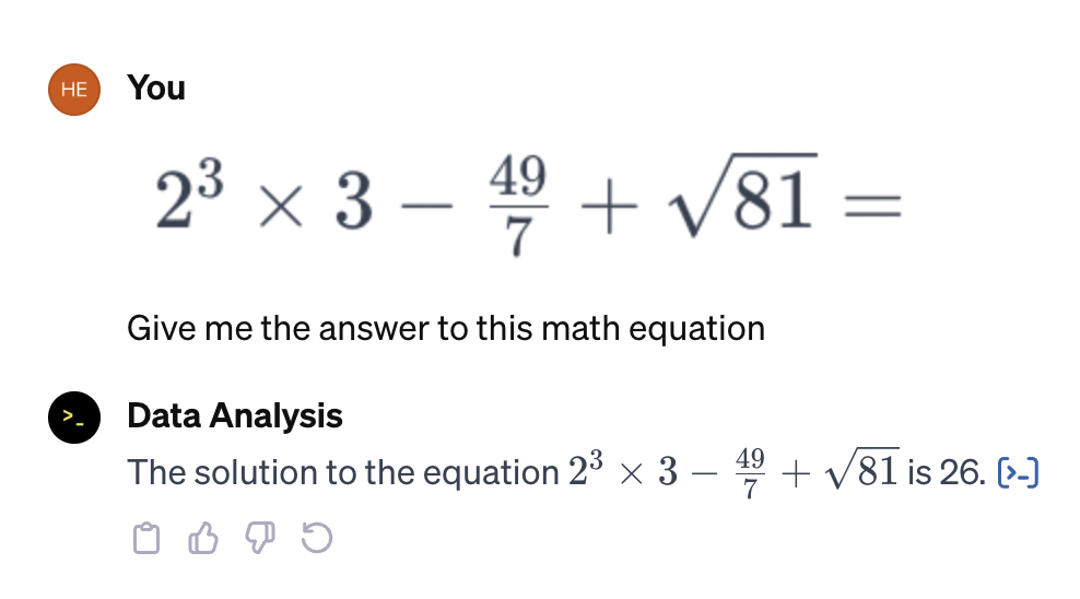 ChatGPT solving an equation from a screenshot that includes exponents, fractions, and square roots