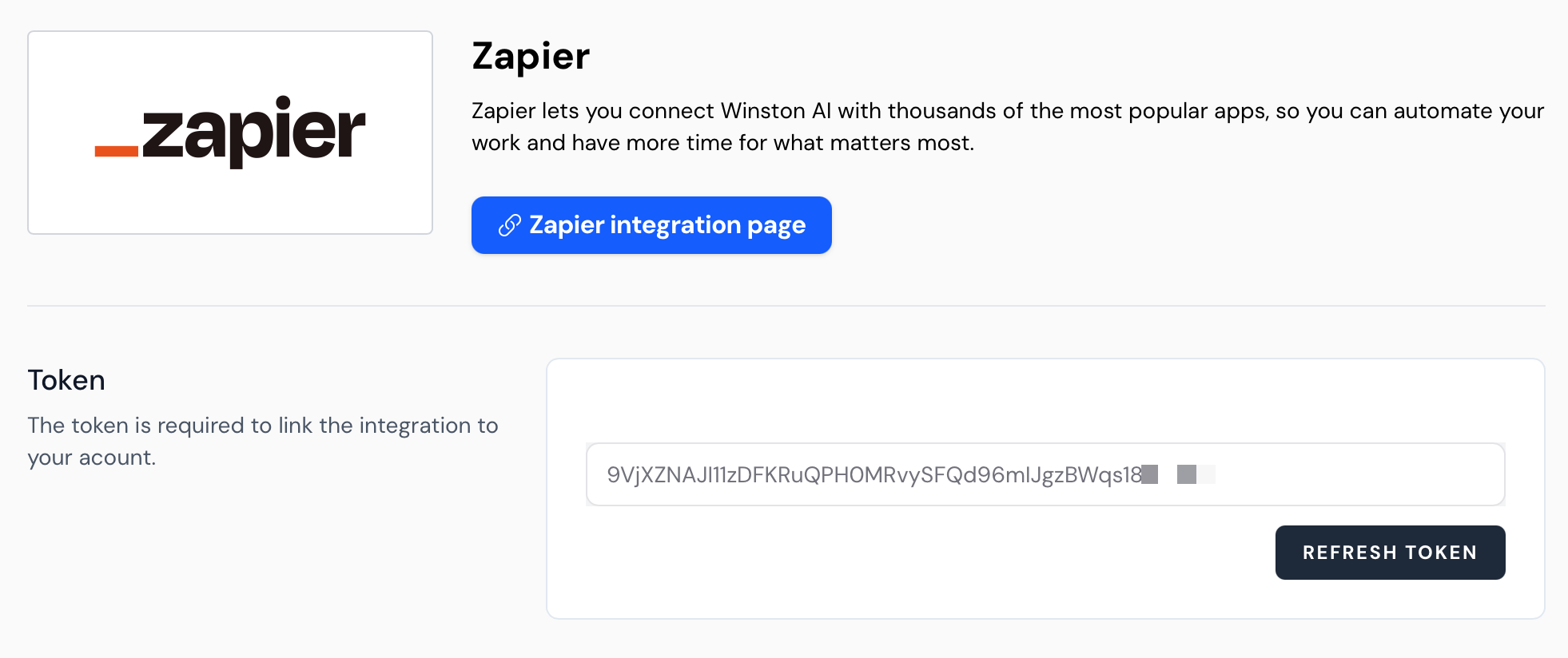A page in Winston AI that displays Zapier logo with a link to Zapier's integration page plus a "Token" field with a series of letters and number next to a "Refresh Token" button.