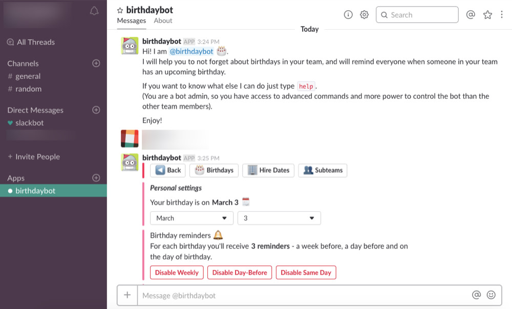 Slack BirthdayBot screenshot