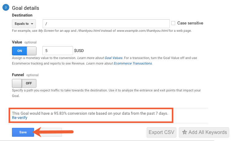 verify and save a google analytics goal