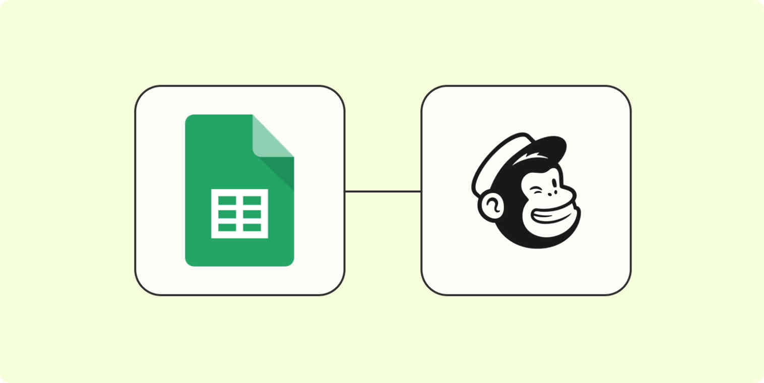 Hero image of the Google Sheets app logo connected to the Mailchimp app logo on a light yellow background.