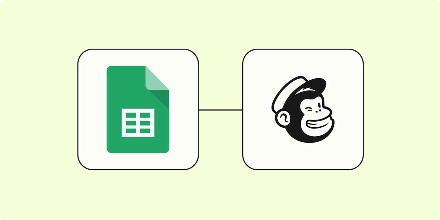 Hero image of the Google Sheets app logo connected to the Mailchimp app logo on a light yellow background.
