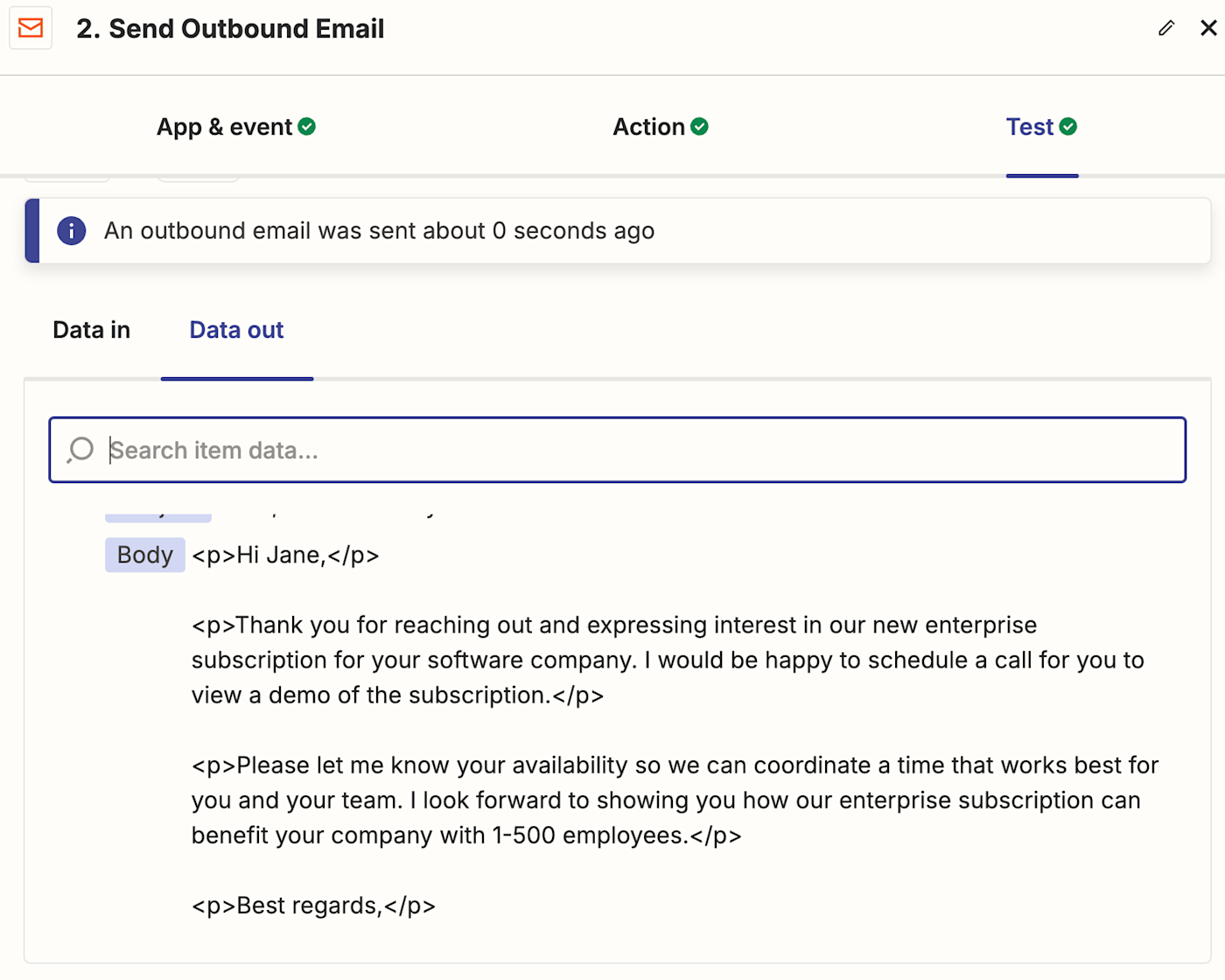 Screenshot of email body