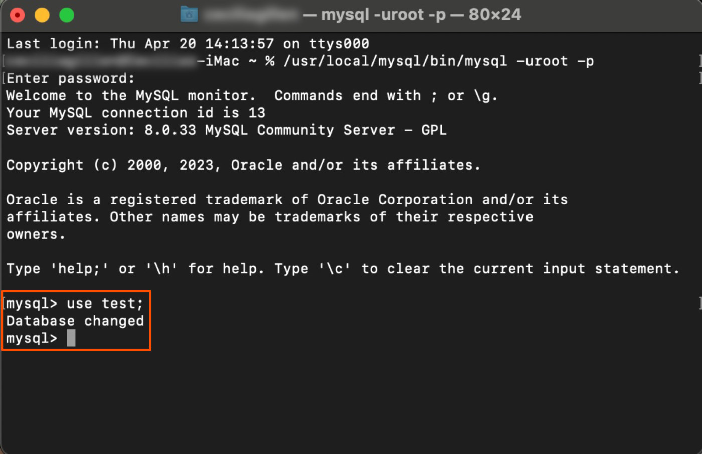 Screenshot showing connected database using command options in Terminal.