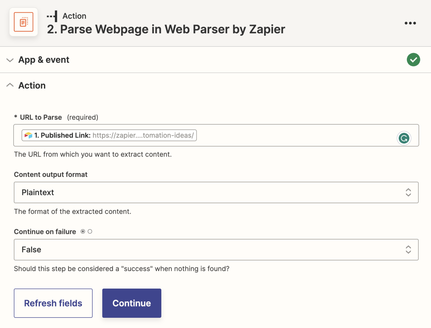 Customizing a Parser by Zapier action step in the Zapier editor.
