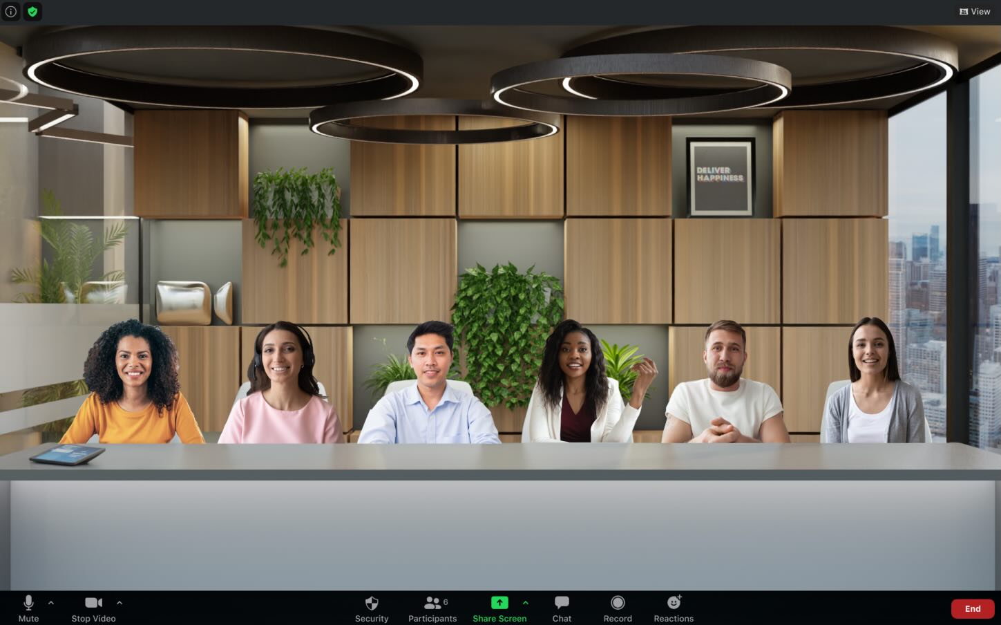 A Zoom meeting, where it looks like all the participants are sitting at a long conference table