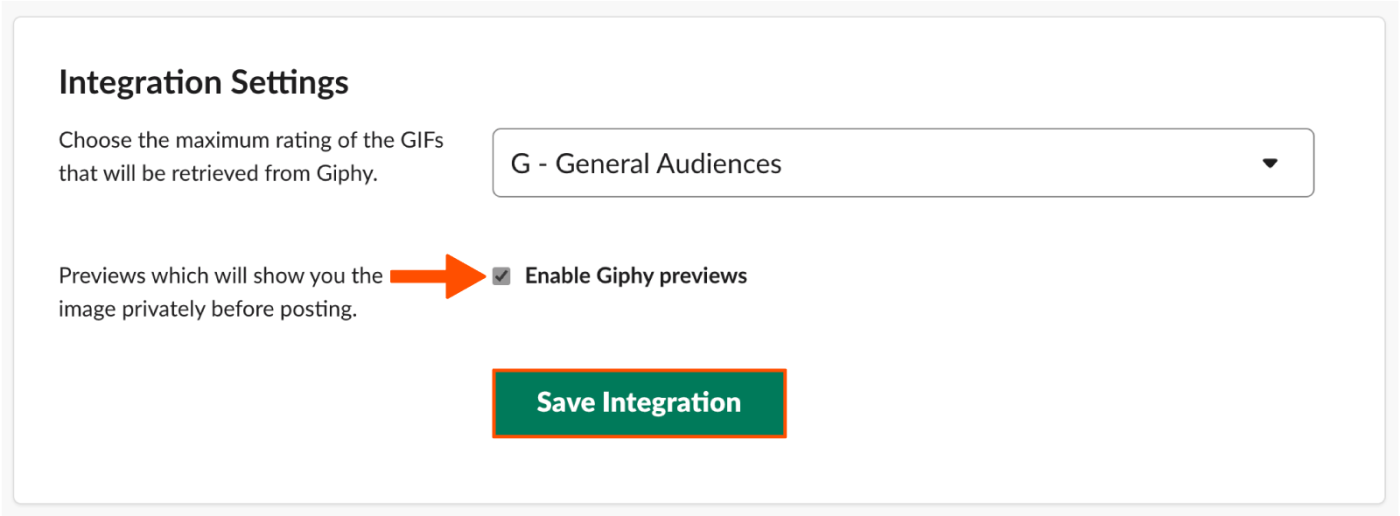 A screenshot of the same integration settings window, which an arrow pointing toward the "Enable GIPHY previews" box to check.