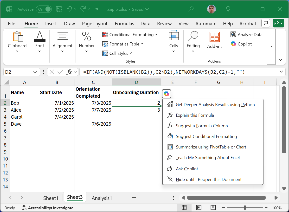 A dropdown of Copilot options, including "Explain this formula"