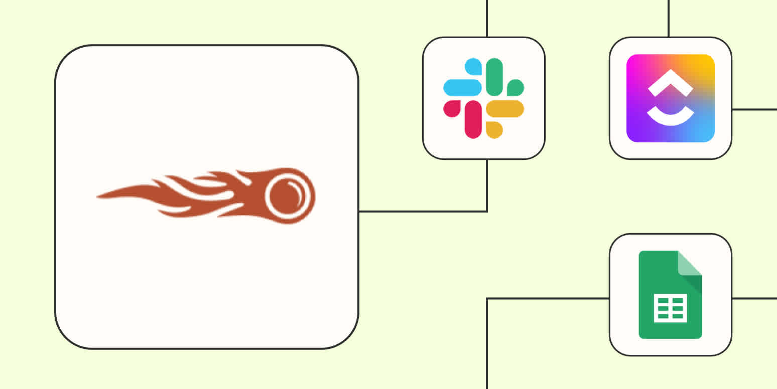 The SEMrush logo connected to logos for Slack, ClickUp, and Google Sheets against a lime green background.