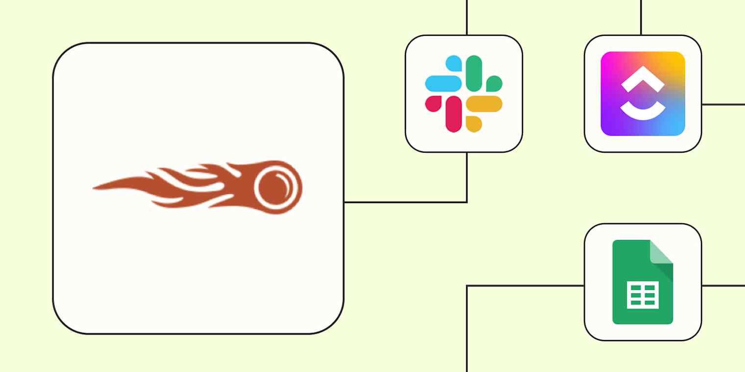 The SEMrush logo connected to logos for Slack, ClickUp, and Google Sheets against a lime green background.