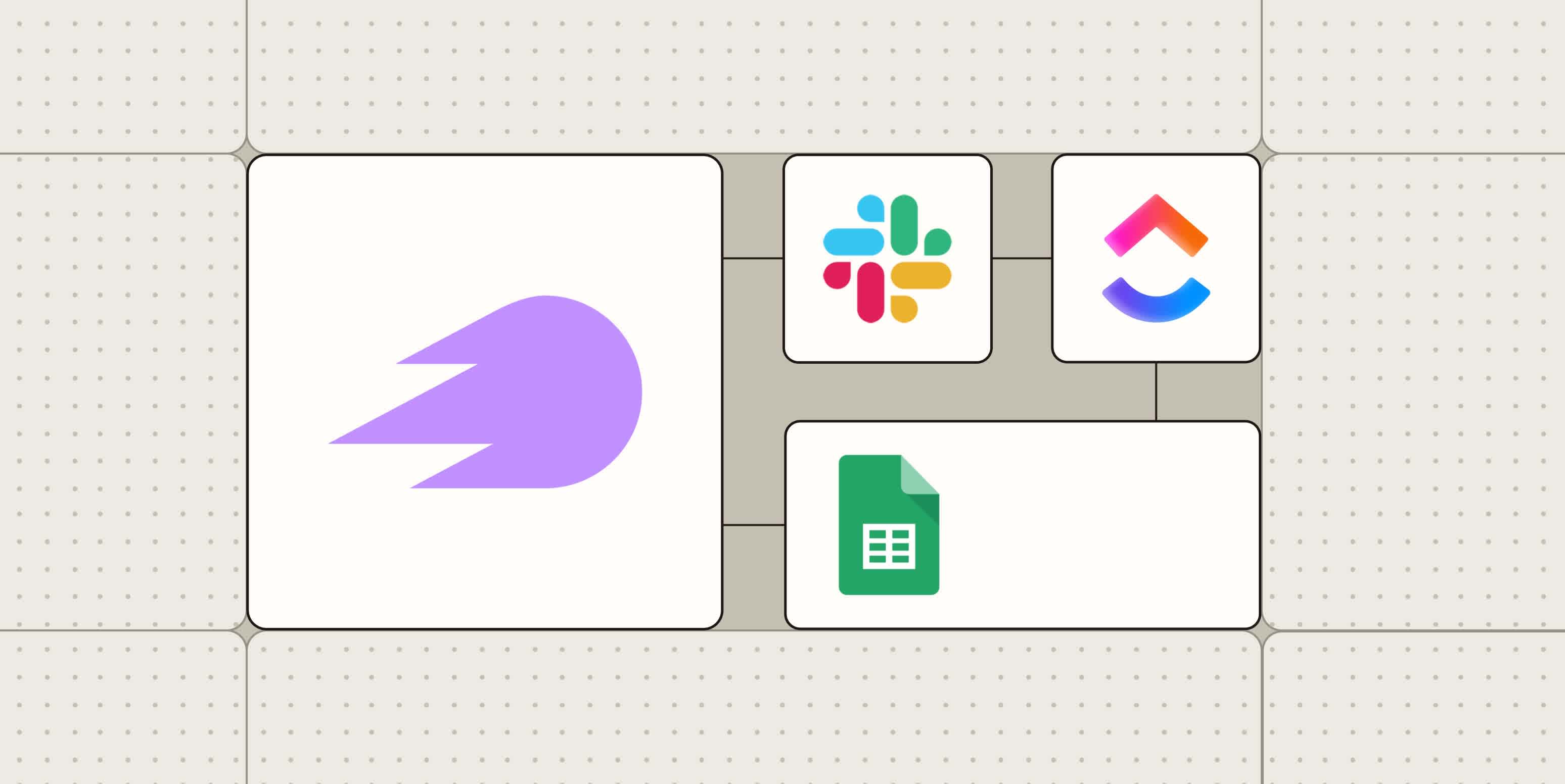 The SEMrush logo connected to logos for Slack, ClickUp, and Google Sheets against a lime green background.