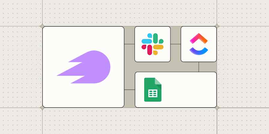 The SEMrush logo connected to logos for Slack, ClickUp, and Google Sheets against a lime green background.